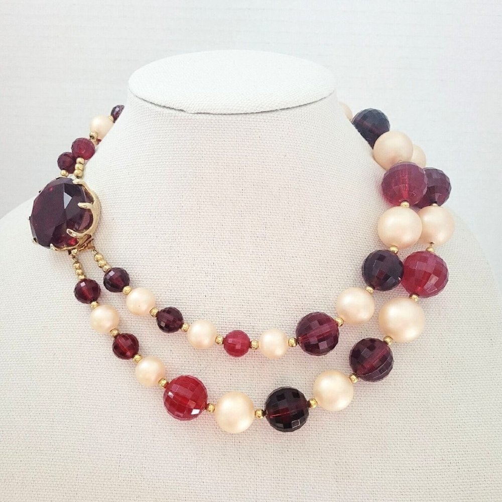 VTG Faux Pearl Cherry Red Faceted Beads Double Multi Strand Choker Necklace 19"